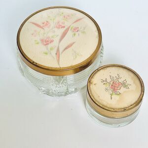 VTG Art Deco Footed Glass Powder Trinket Jar Floral Brass Lid Grandamcore Vanity